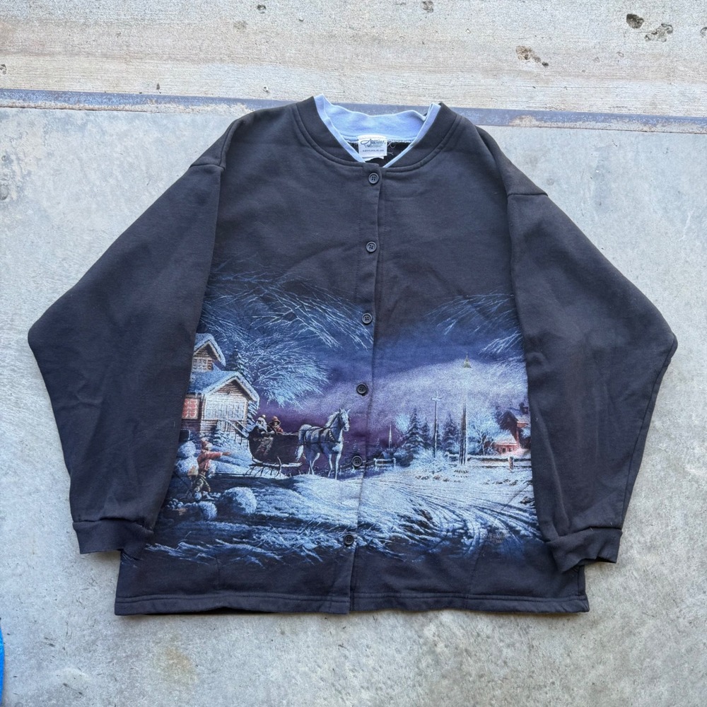 Artisans Vintage Winter Scene Graphic Fleece Cardigan Sweatshirt Black Large